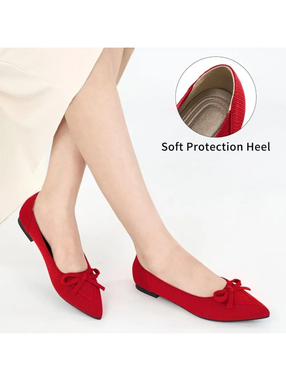 Women's Red Ballet Flats Shoes Dressy Pointed Toe Bow Knit Flats Comfortable